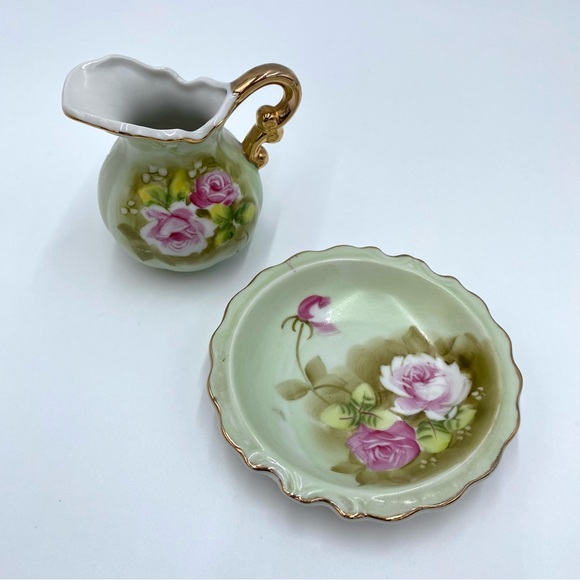 Vintage Lefton China Green Heritage Cabbage Rose 4577 Mini Pitcher And Basin - Picture 2 of 14